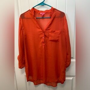 Mix & Co pink sheer button up. Size XL. Split v-neck. Tab sleeves